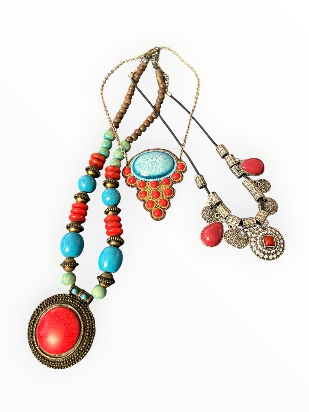 Boho Statement Necklaces (3) Turquoise/Dyed Howlite Red Natural Stone Wood Beads